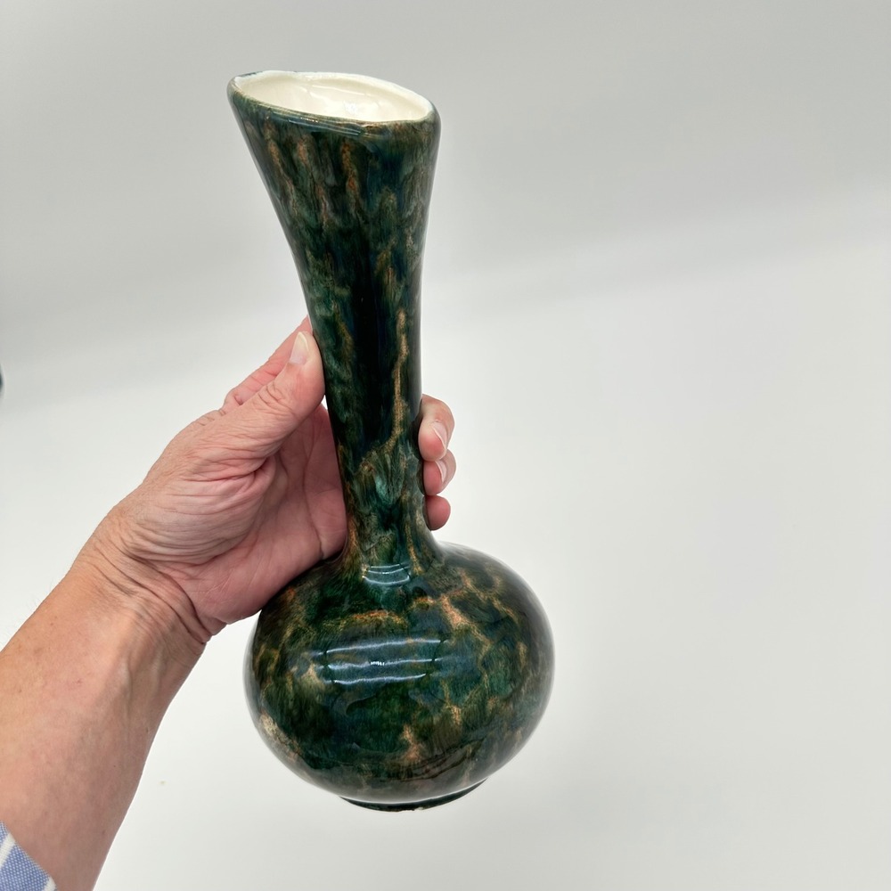 Blue Mountain Pottery Bud Vase 383 8.5" Teal Green Drip Glaze Slant Rim Vintage - Picture 11 of 16